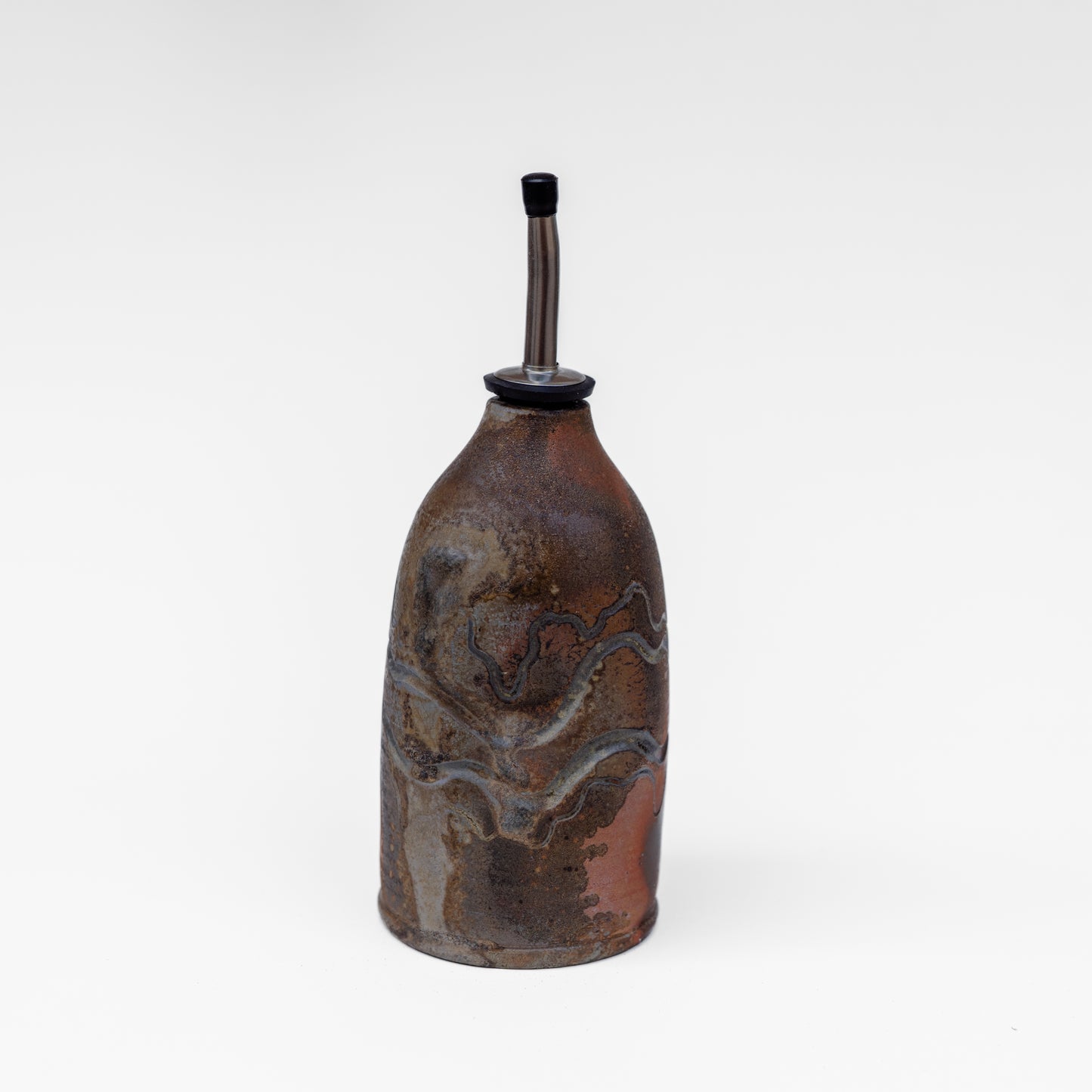 wood-fired sgraffito oil bottle / soap dispenser