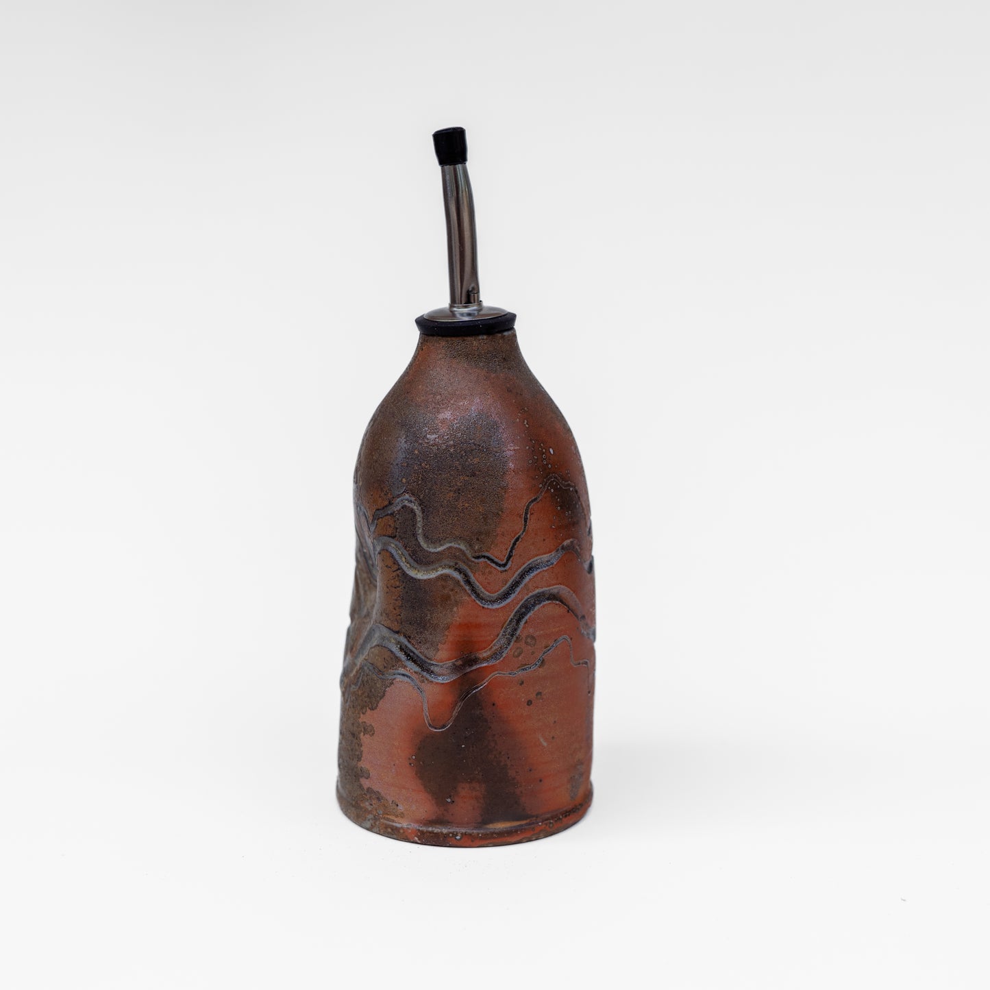 wood-fired sgraffito oil bottle / soap dispenser