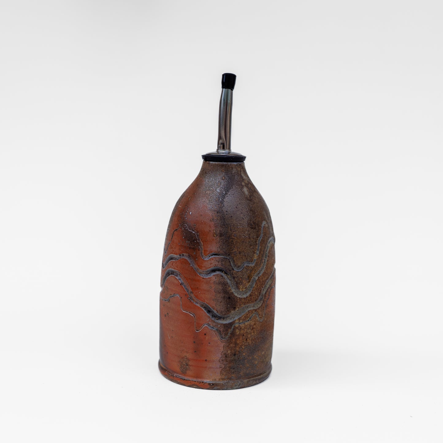 wood-fired sgraffito oil bottle / soap dispenser