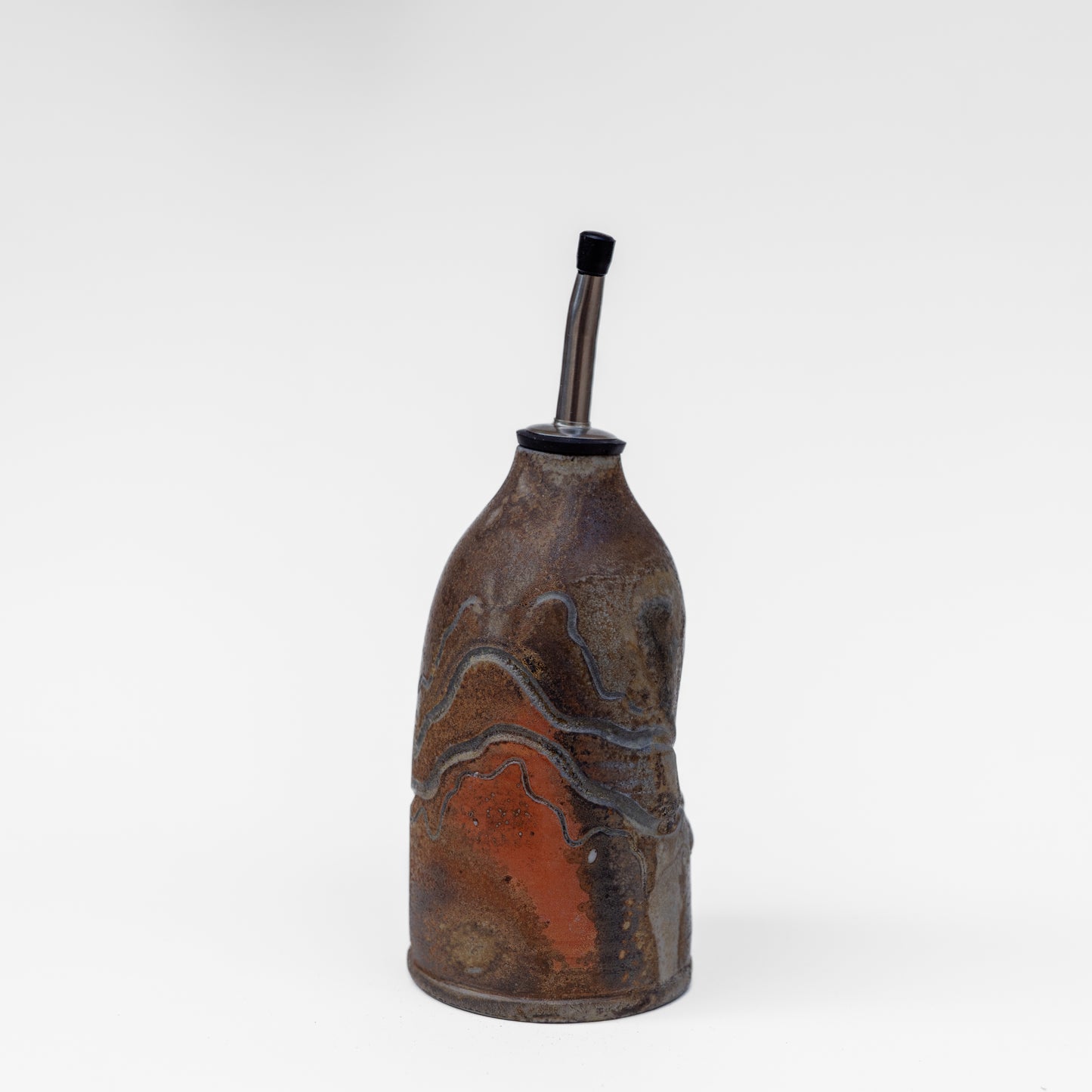 wood-fired sgraffito oil bottle / soap dispenser