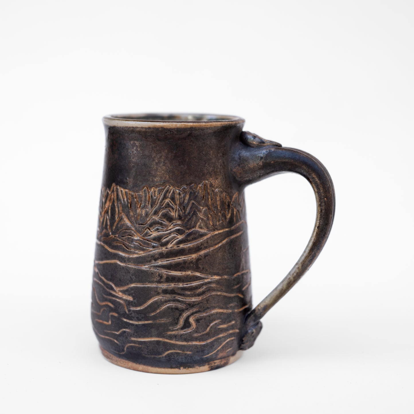 soda-fired sgraffito stein mug