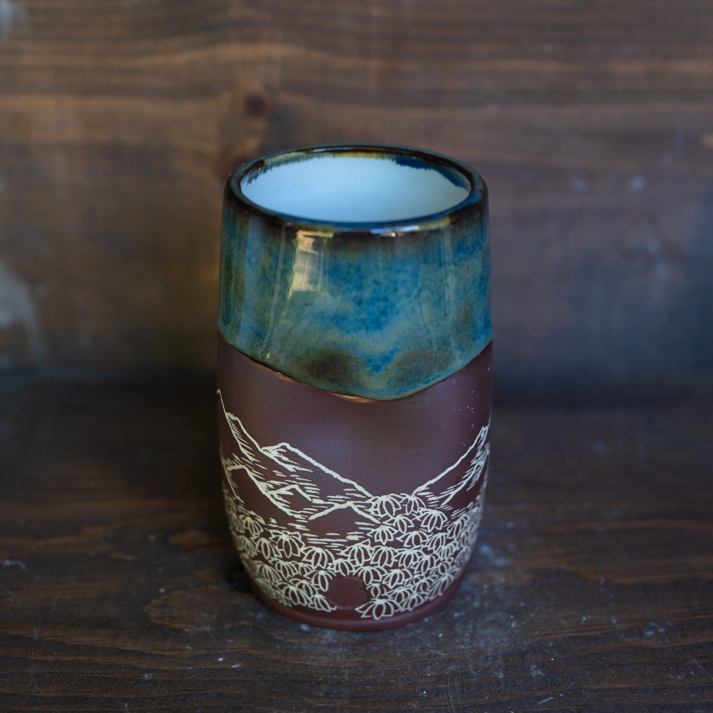 mountain range and wildflowers sgraffito thumb tumbler