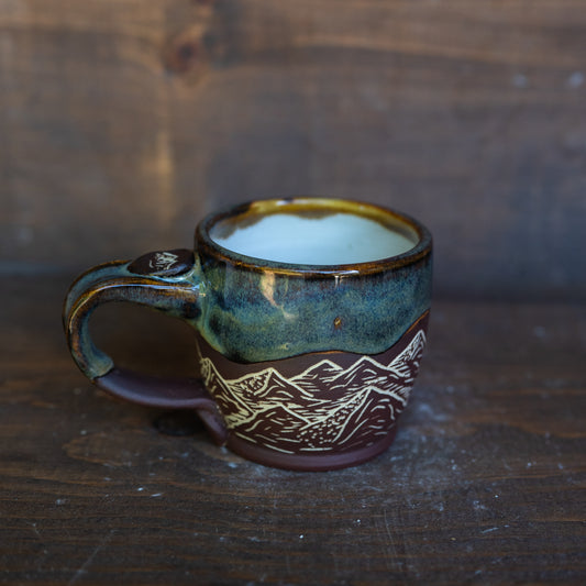 mountains sgraffito espresso mug