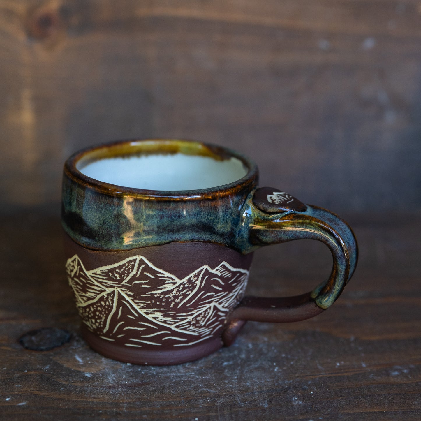 mountains sgraffito espresso mug