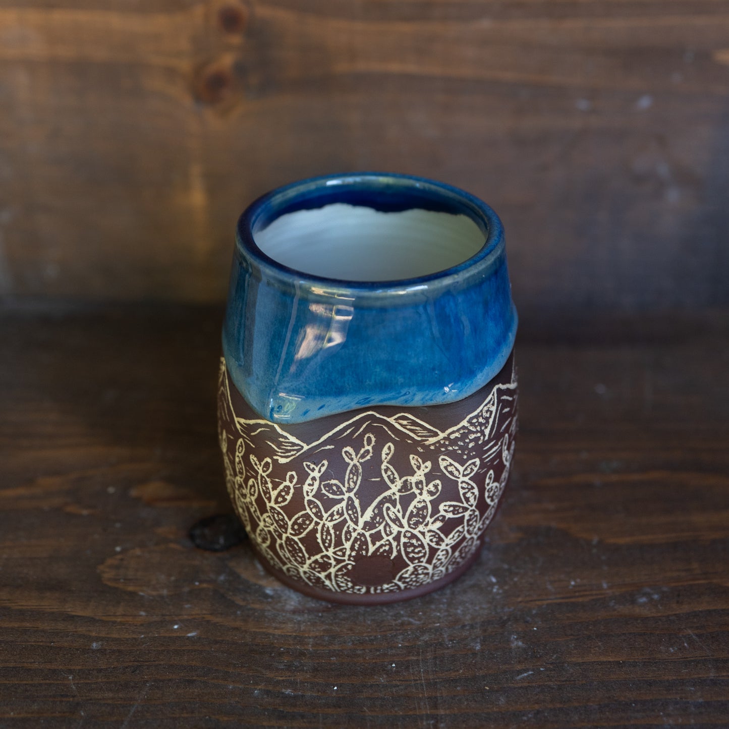 saguaro desert sgraffito thumb cup