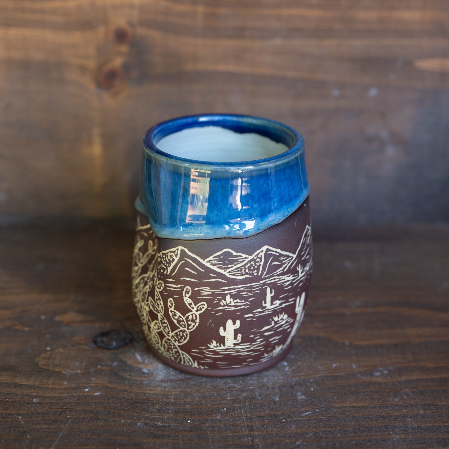 saguaro desert sgraffito thumb cup