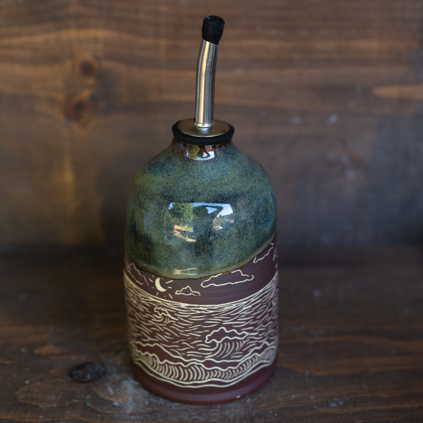 ocean sgraffito oil bottle