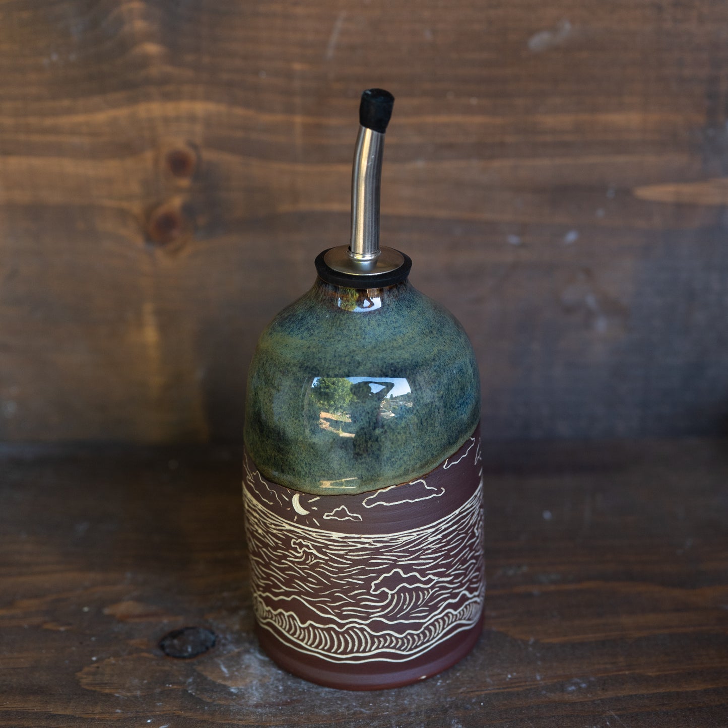 ocean sgraffito oil bottle