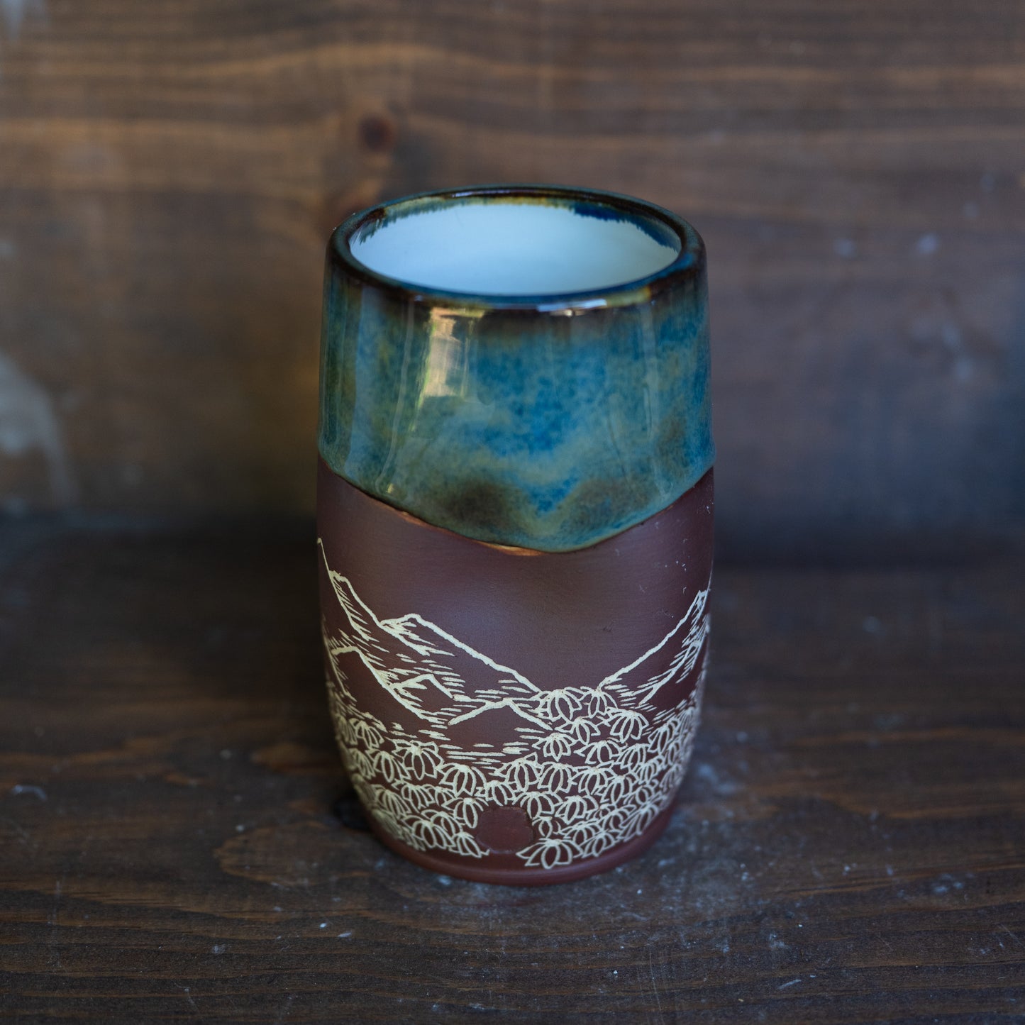 mountain range and wildflowers sgraffito thumb tumbler