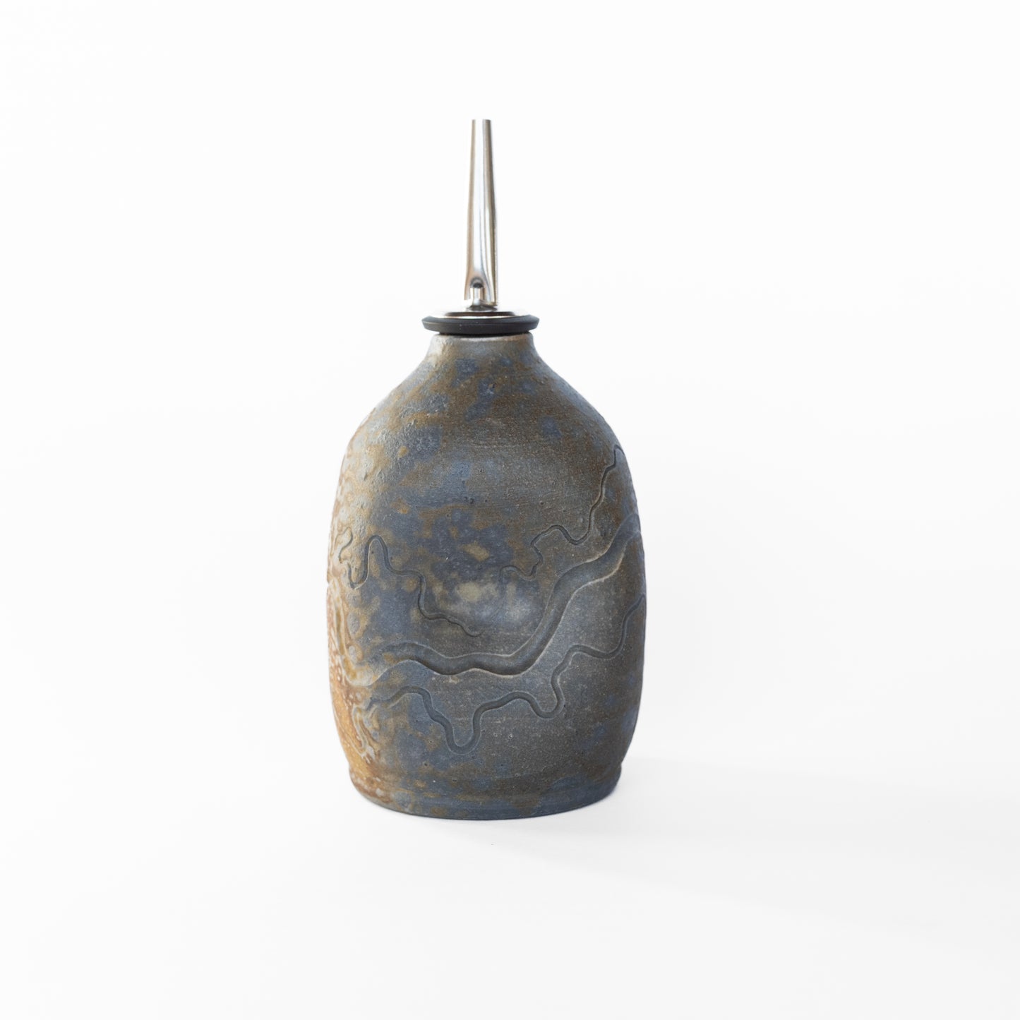 wood-fired sgraffito oil bottle