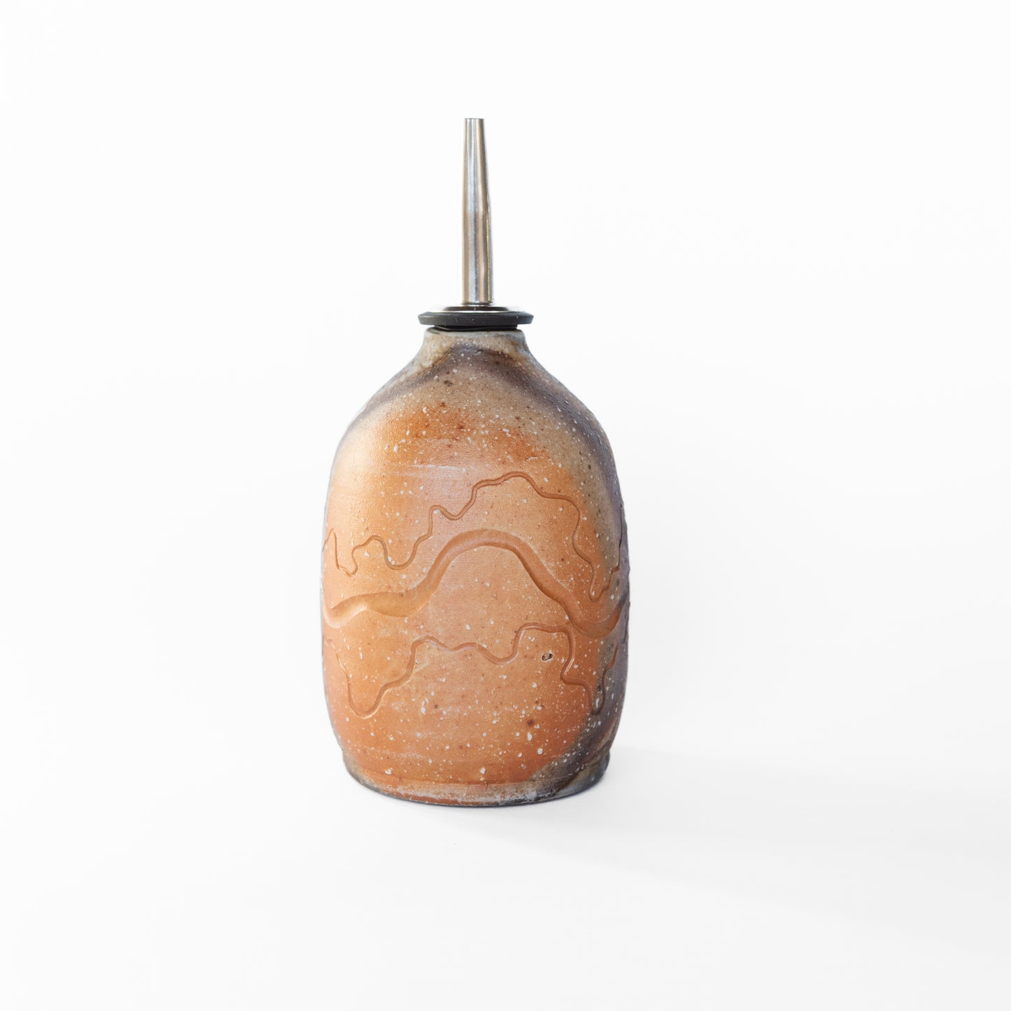 wood-fired sgraffito oil bottle
