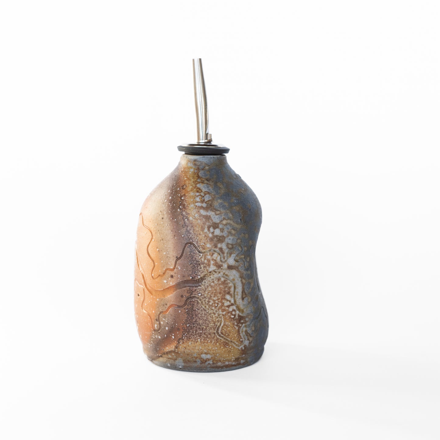 wood-fired sgraffito oil bottle