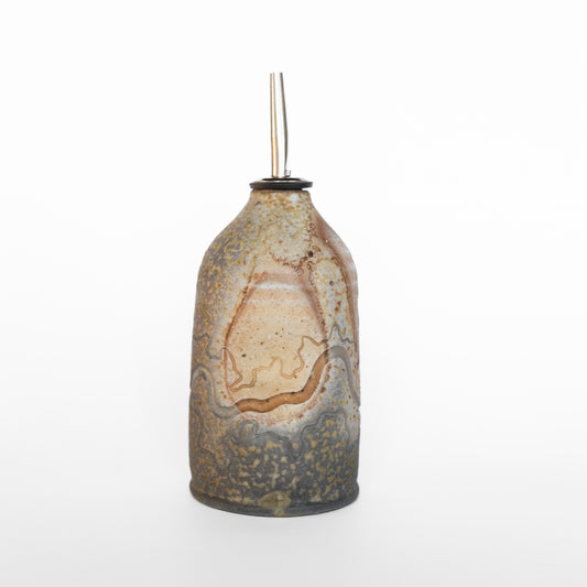 wood-fired sgraffito oil bottle