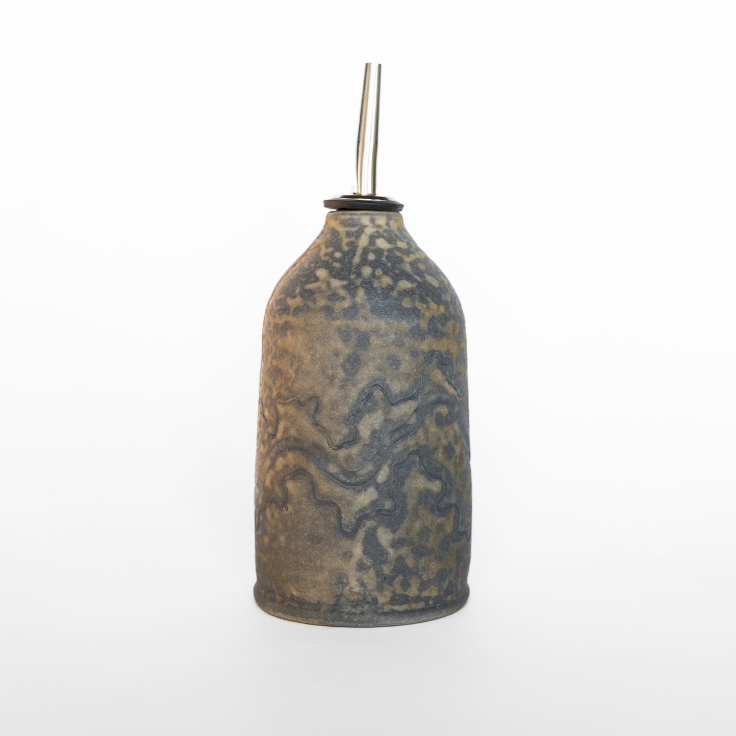 wood-fired sgraffito oil bottle
