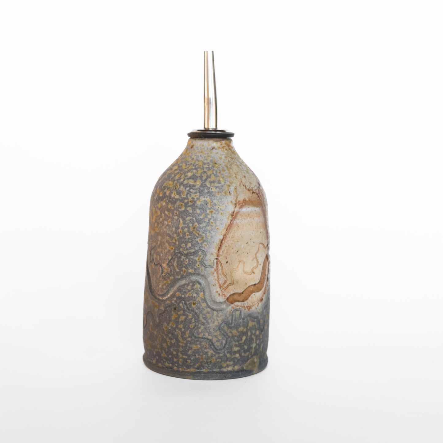 wood-fired sgraffito oil bottle
