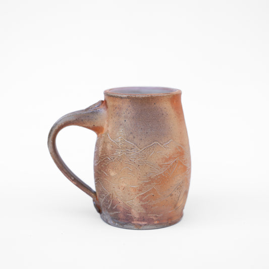 soda-fired sgraffito round mug