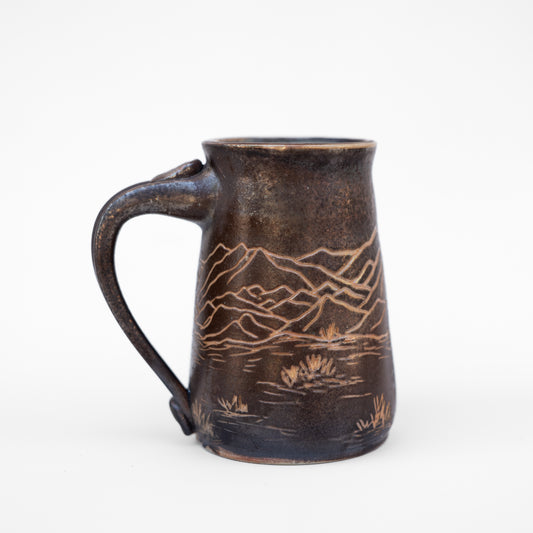 soda-fired sgraffito stein mug