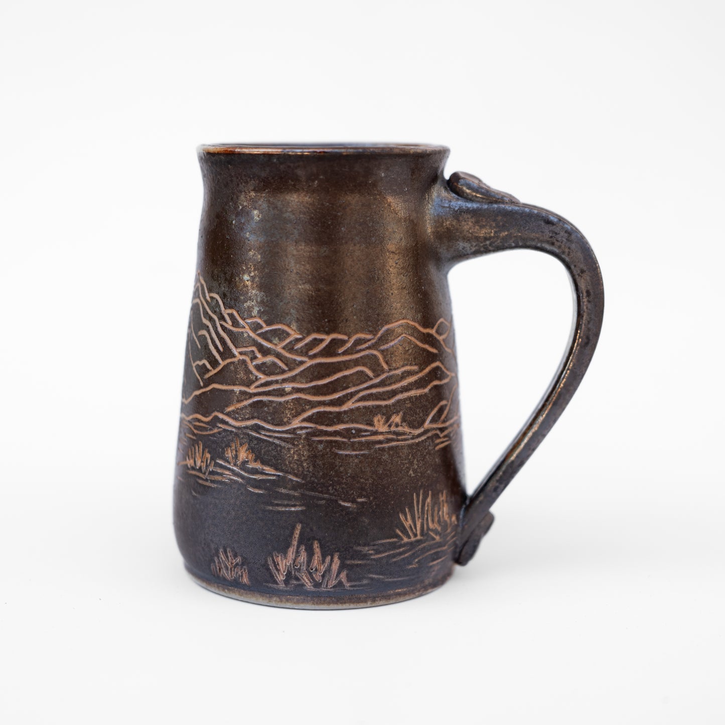 soda-fired sgraffito stein mug