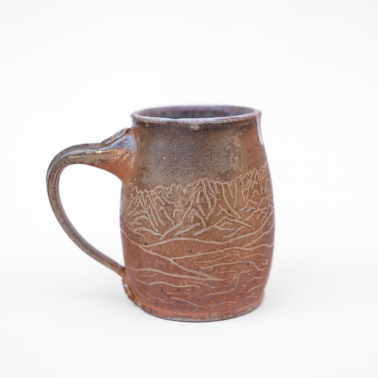 soda-fired sgraffito round mug